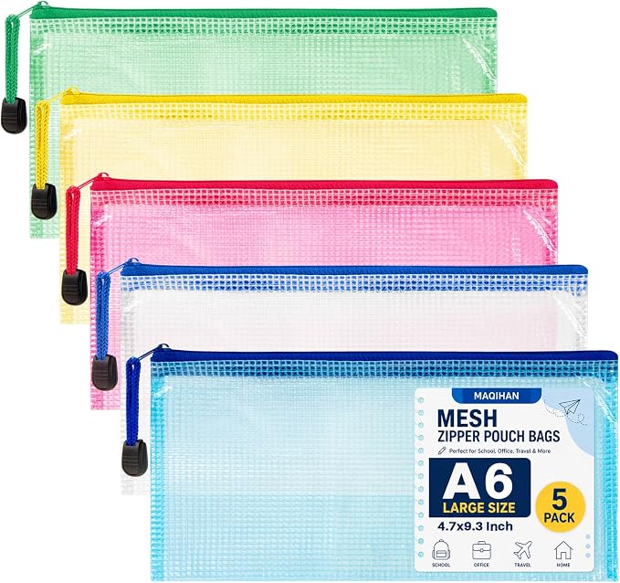 Mesh Zipper Pouch Bags - 5Pack A6 Waterproof Small Zipper Bags 4.7x9.3 Inch Clear Mesh Storage Pouches Assorted Colors for Home, Office, Travel, Receipts, Puzzles, Cosmetic