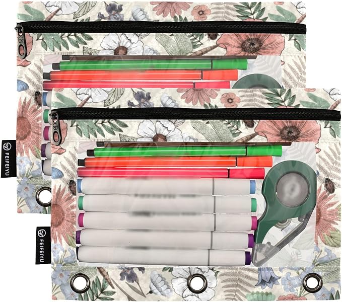 ALAZA Pencil Pouch for 3 Ring Binder, Boho Flowers and Dragonflies Binder Pencil Pouches with Clear Window Zipper Pencil Case Cosmetic Bags for Office College Supplies, 2PCS