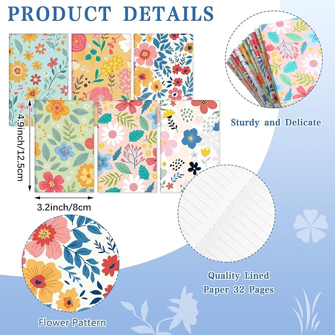 Motiskyy 24 Pcs Floral Pens Flower Ballpoint Pens Flower Notepads Set Design Line Notebook Employee Gifts Set for Student School Office Supplies, Back to School Gift(Cute)