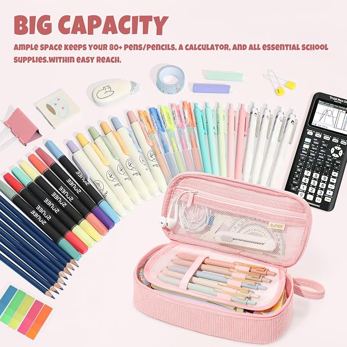 SUNEE Cute Pencil Case, Large Capacity Pencil Pouch Aesthetic Zipper Pencil Bag, Big Storage Pen Organizer for Stationery, Soft Corduroy Pencil Box Back to School Supplies for Teen Girls Boys, Pink