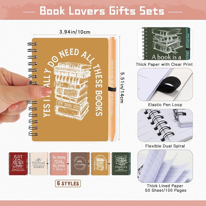 Thenshop 12 Sets Book Lover Gift Librarian Inspirational Spiral Notebook Pen Bulk Book Club Gift Reading Journal Librarian Back to School Gifts for Women Reader Teacher Bookish Bookworm (Retro Color)