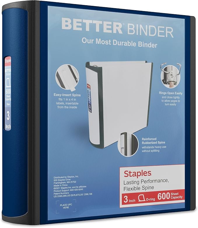 Staples 3‑Inch 3‑Ring Better Binder, Durable View Binder for Office & School Organization, Navy Blue, 2‑Pack