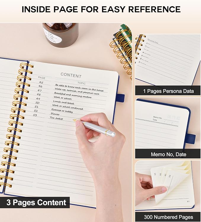 PERCUN B5 Spiral Notebook 300 Numbered Lined Pages Hardcover Journal 7"x10" | College Ruled Spiral Bound Notebook with Tabs, Large Leather Journal for Women Men, Work, School, Travel,Writing,Note Taking