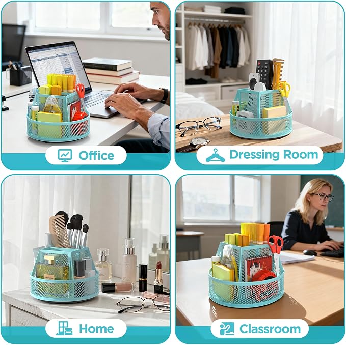 Docnest 360°Rotating Mesh Desk Organizer,6-Compartment Pen Holder,Blue | Heavy-duty metal holder with removable divider. Space-saving stationery storage for pencils, scissors & markers