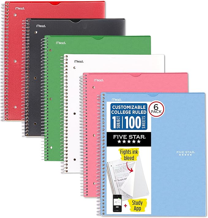 Five Star Spiral Notebook + Study App, 6 Pack, 1 Subject, College Ruled, 8-1/2" x 11", 100 Sheets, Fights Ink Bleed, Customizable Water Resistant Cover, Assorted Colors (820045-ECM)