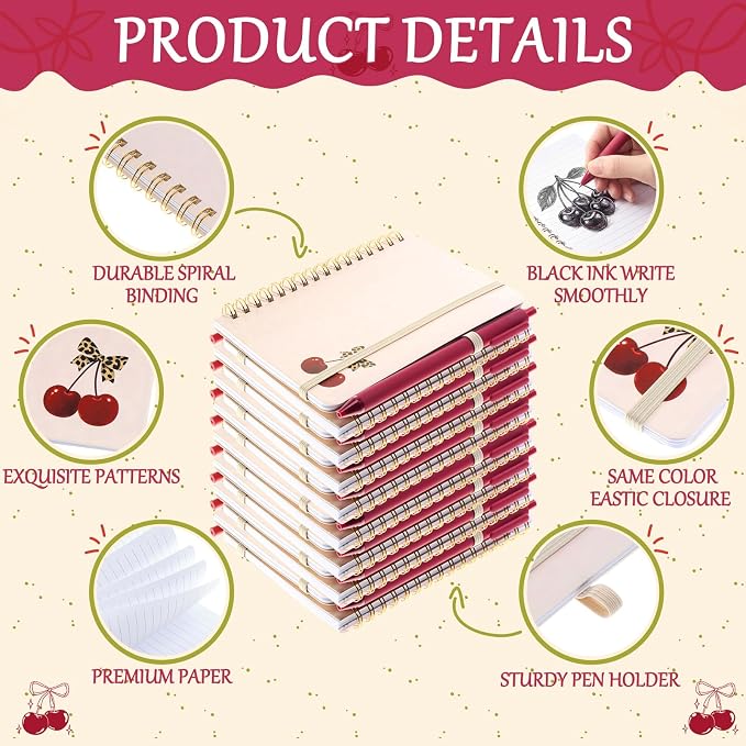 Fulmoon 24 Set Cherry A6 Spiral Notebook with Ballpoint Pens 50 Sheets, 4"x 6" Small College Ruled Notepads Journaling Notebooks Bulk for Back to School Supplies Offices Team Cherry Birthday Gifts