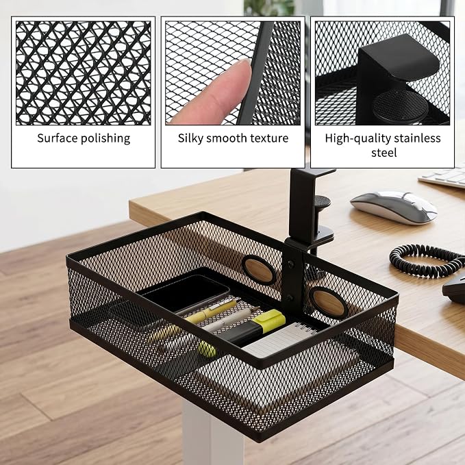 Under Desk Storage Basket, 360 Degree Swivel Clamp On Mesh Desk Organizer No Drill Installation Hidden Storage Drawer Mount Tray for Office Home Art Supplies, Black