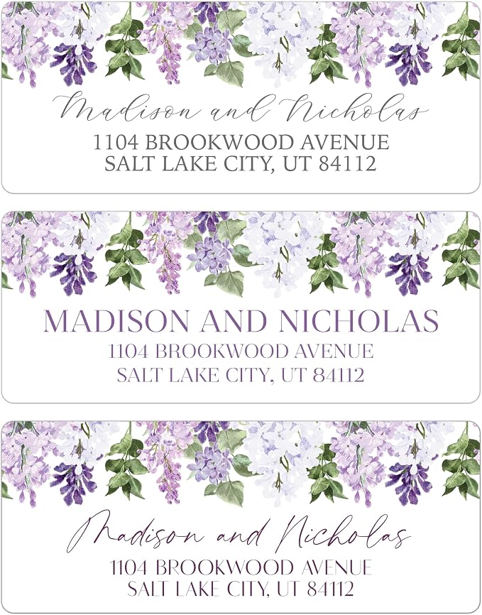 Return Address Labels Personalized with Your Choice of 30 Flower Styles - Choose Font and Font Color or Add Custom Text - Perfect for Wedding Envelopes (024 Purple Lilac Flowers)