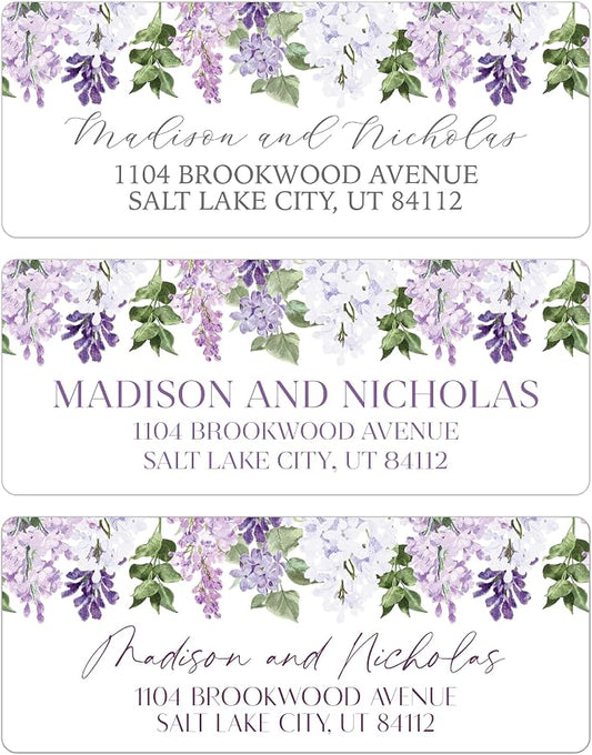 Return Address Labels Personalized with Your Choice of 30 Flower Styles - Choose Font and Font Color or Add Custom Text - Perfect for Wedding Envelopes (024 Purple Lilac Flowers)
