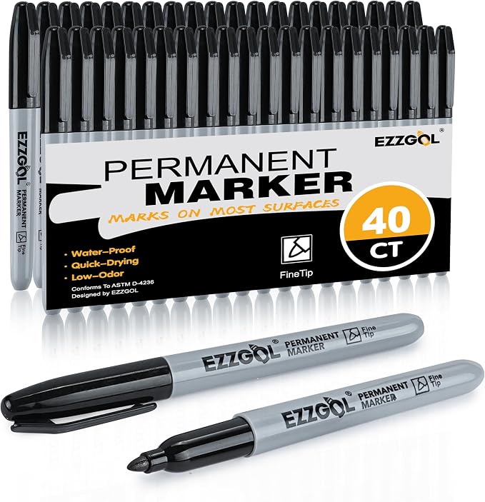 Ezzgol Black Permanent Markers Bulk, 40 Packs Fine Tip Permanent Waterproof Premium Smear Pens, Quick Drying, Office Supplies for School, Office, Home