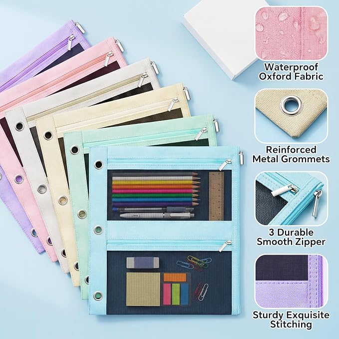 Lanpn 72 Pcs Pencil Pouch for 3 Ring Binder, 3 Pocket Zipper Binder Pouch Bulk, 9"x11" Binders Pencil Case, Pastel School Supplies for Girl Boy Student, Reinforced Grommets, Clear Window, Micro Mesh