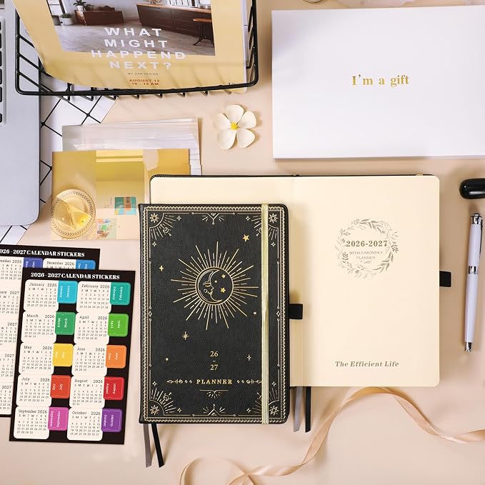 Planner 2026-2027 - Academic Planner 2026-2027, July 2026 - June 2027, 5.75" x 8.25", 2026-27 Weekly and Monthly Planner, Faux Leather planner 26-27 with Back Pocket & 40 Notes Pages - Moon