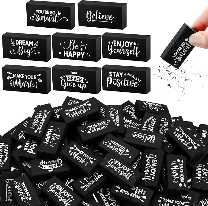 Dunzoom 100 Pcs Back to School Inspirational Pencil Erasers Bulk for Kids Fun Motivational Eraser School Office Supplies for Students Classroom Office Teacher Artists(Classic)