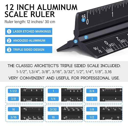 Weewooday 10 Pieces 12 Inch Architectural Scale Ruler Aluminum Triangular Engineering Ruler Scale with 6 in 1 Multitool Pen Ballpoint Pen for Architects, Draftsman, and Engineers