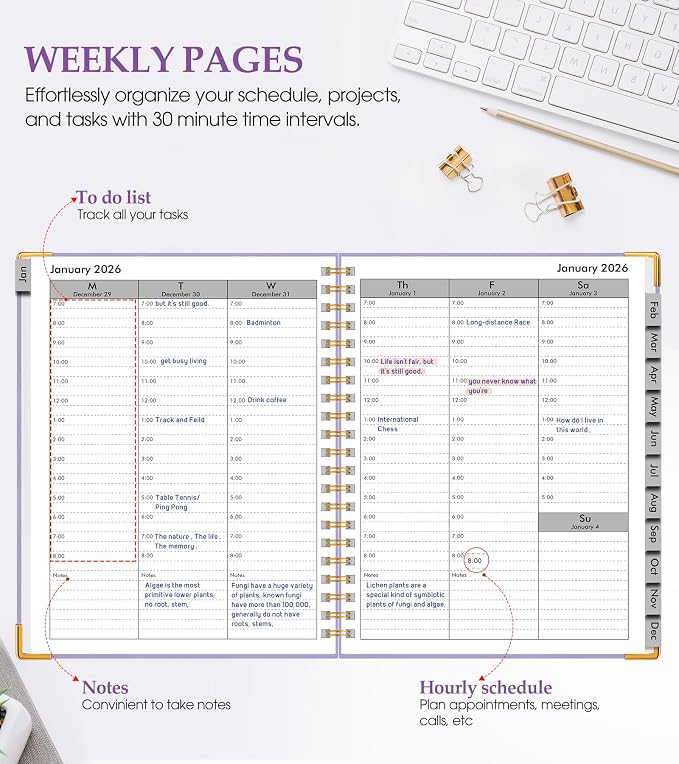 2026 Planner, Weekly and Monthly Calendar Planner from January 2026 - December 2026, 8.5" x 11" Hardcover Leather Hourly Appointment Book with Tabs, Spiral Daily Planners for College School Work Home, Purple