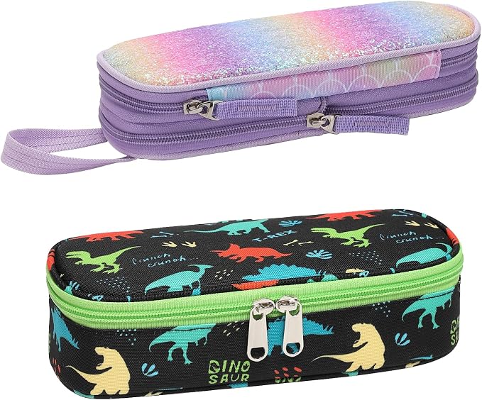 Bagseri 2 Pack Pencil Case for Boys Girls - Cute Pencil Pouch for Kids Pencil Box Large Capacity Pencil Bag Organizer for School (Purple Mermaid and Black Dinosaur)