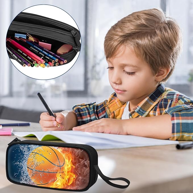 TILYTADLY Large Pencil Case for Boys - Basketball Boys Pencil Pouch with Zipper Compartments - Big Capacity Pen Box Pen Bag Organizer with Keychain for Kids Teens School
