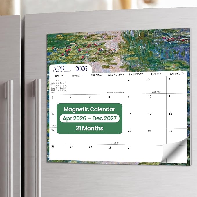 Aesthetic 2026-2027 Magnetic Calendar for Refrigerator, 21-Month Fridge Calendar Magnet from April 2026 to December 2027, Easy Organizing, Monet