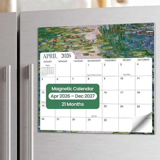 Aesthetic 2026-2027 Magnetic Calendar for Refrigerator, 21-Month Fridge Calendar Magnet from April 2026 to December 2027, Easy Organizing, Monet