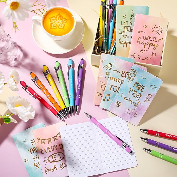 Funrous 32 Pcs Motivational Quote Pens Inspirational Notepads Mini Journal with Ballpoint Pen Small Notebooks Gift for Men Women Coworker Adult Party Favors Prize Teacher Student Office(Watercolor)