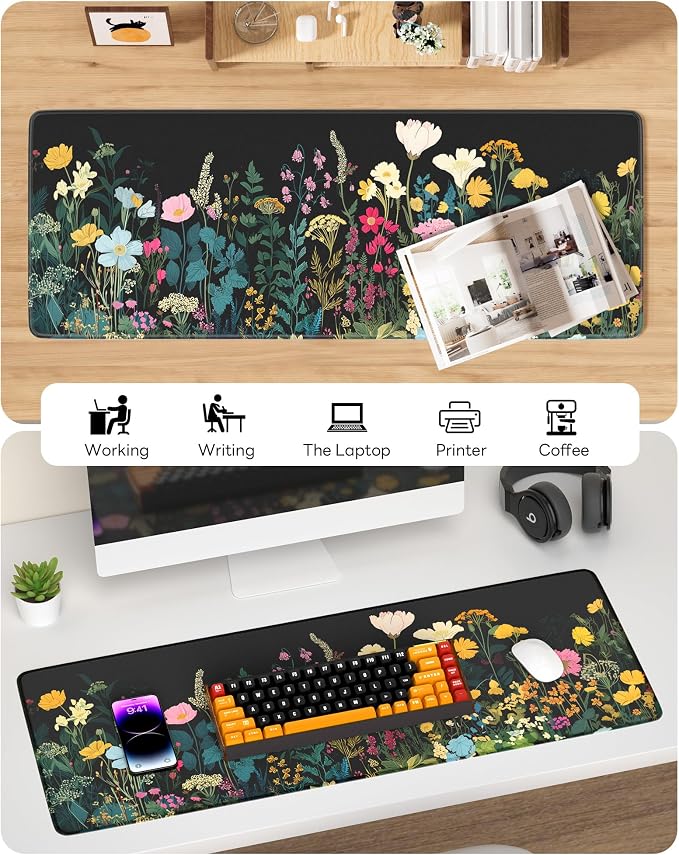 Floral Mouse Pad, 31.5 x 11.8 Large Desk Mat with Stitched Edges & Non-Slip Base, Mousepad for Office, Home, Work, Night Flowers