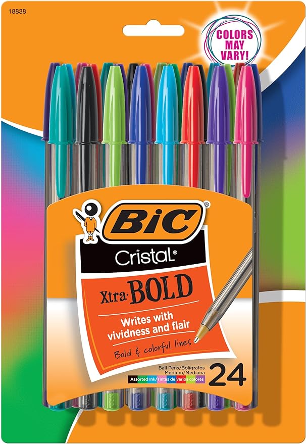 BIC Cristal Xtra Bold Ballpoint Pens, Bold Point (1.6 mm), School Supplies for Color-Coded Notes, 24-Count Pack in Assorted Colors