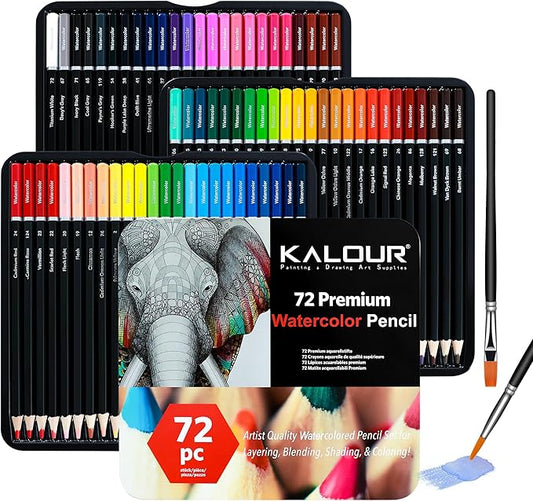 KALOUR 72 Water Soluble Watercolor Pencils Set with 2 Brushes | Smooth blendable pigments for wet & dry painting, great for adults, beginners, coloring books, sketching and illustration