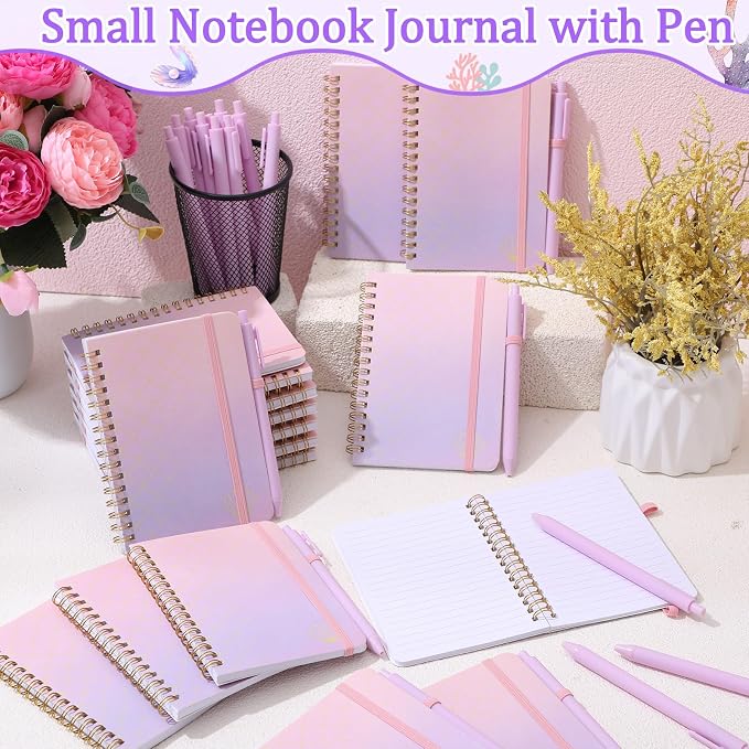 Fulmoon 24 Set Mermaid A6 Spiral Notebook with Ballpoint Pens 50 Sheets, 4"x 6" Small College Ruled Notepads Journaling Notebooks Bulk Mermaid Party Gifts for Back to School Supplies Offices Team