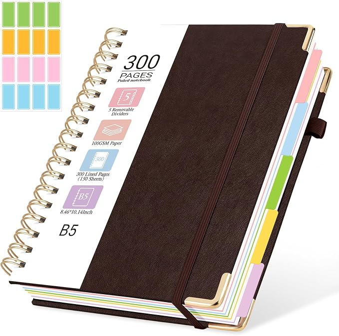 Hardcover Spiral Journal Notebook, 300 Pages 5 Subject Notebook College Ruled with Removable Dividers Tabs, 8" x 10" Notebooks for Work, Spiral Ruled Lined Writing Journal Hardcover Leather Notebook for School (Brown, 8''x 10'')