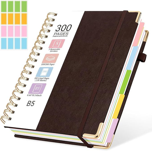 Hardcover Spiral Journal Notebook, 300 Pages 5 Subject Notebook College Ruled with Removable Dividers Tabs, 8" x 10" Notebooks for Work, Spiral Ruled Lined Writing Journal Hardcover Leather Notebook for School (Brown, 8''x 10'')