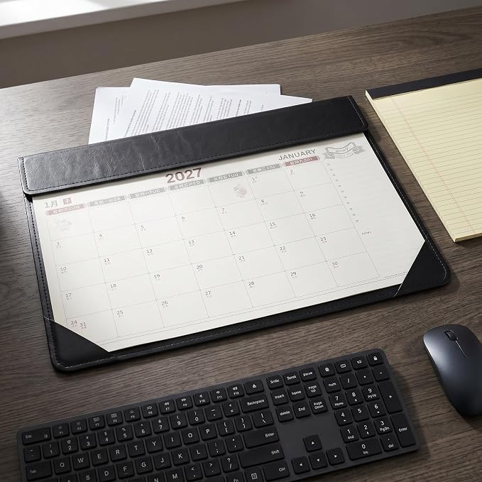 Kisangel Large Desk Blotter Calendar - 2027 PU Leather Computer Pad with Monthly Calendar - 17x12" Desk Mat for Home Office School Study