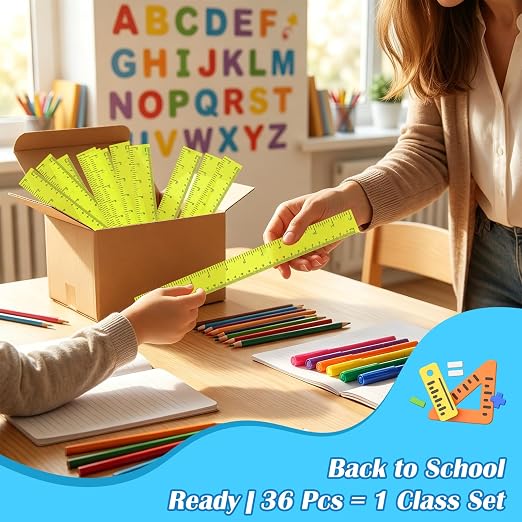 36 Pack 12 Inch Clear Yellow Plastic Rulers Bulk, Transparent Metric Rulers with Centimeters and Inches, Straight Measuring Rulers for Back to School, Kids Classroom School Office Home Supplies