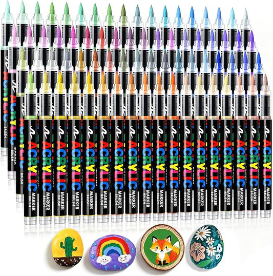 Acrylic Paint Markers Brush Tip 72 Colors, Soft Brush Tip Acrylic Paint Pens with Automatic Ink Control, Water-Based No-Bleed Paint Markers for Rock Painting Fabric Wood Ceramic Metal DIY Crafts