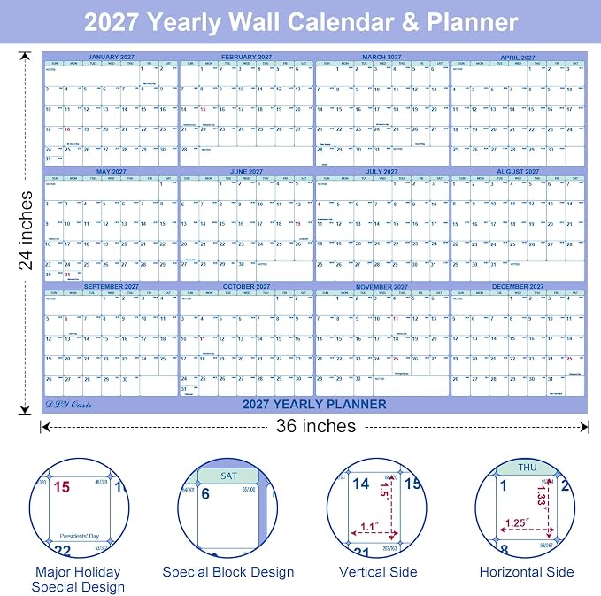 3 Pack 24" x 36" 2027 Wall Calendar, Folded Wet & Dry Erase 12 Month | Folded Wet & Dry Erase Wall Calendar 12 Month, Yearly Laminated Reversible Annual Planner, Horizontal/Vertical, Julian Dates
