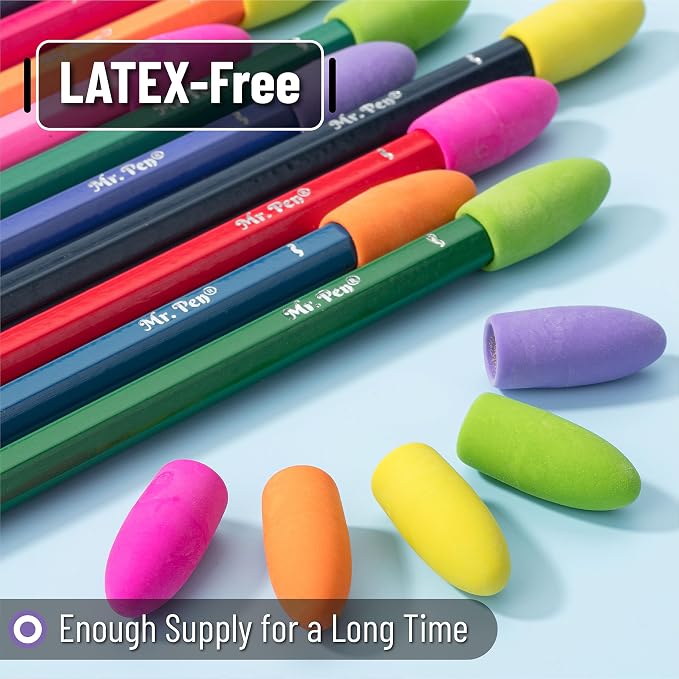 Mr. Pen- Pencil Top Erasers, 120 Pack, Vibrant Colors, Latex-Free | No-Smudge Cap Pencil Erasers for Precise Erasing, Kids, Teachers, Studying Supplies