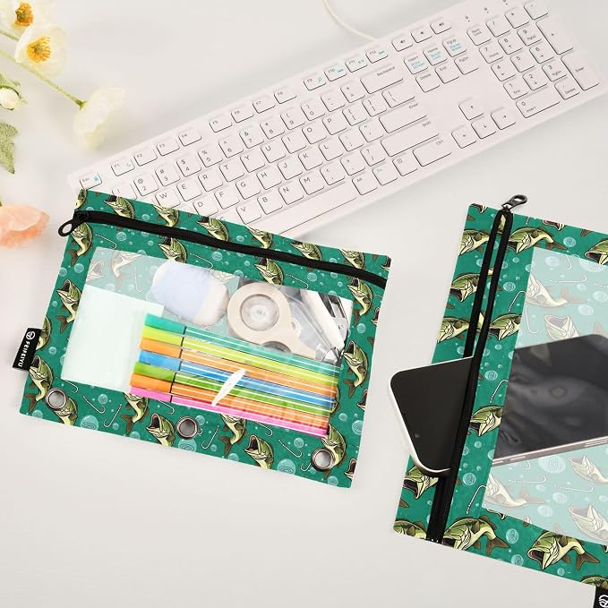 Deep Sea Fish Binder Pouches 3 Ring for Boys Girls School Office College Supplies Ocean Theme Fishman Pencil Pouches Case Bag with Clear Window and Zipper 2 Pack