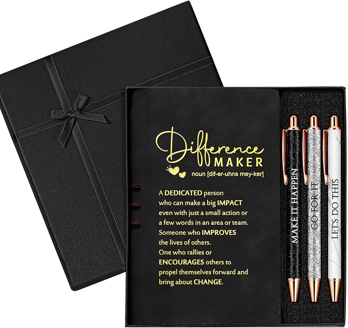 Thenshop 5 Pcs Difference Maker Gifts Journal with Pen Leather Notebook 3 Ballpoint Pens Box Thank You Gift for Nurse Boss Employee Coworker Teacher Volunteer Social Worker Assistant(Black)