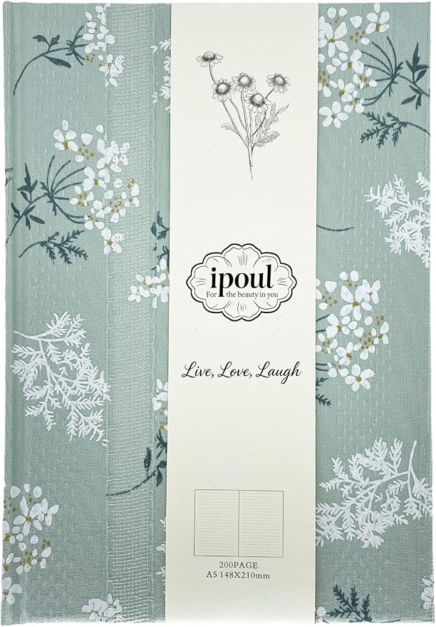 Floral Hardcover Notebook, Flower Journal for women, A5, 200 Pages, 6x8 Medium Lined Notebook, Floret Printed Fabric Cloth, Similar Embroidered Linen, Garden Journal, Green.