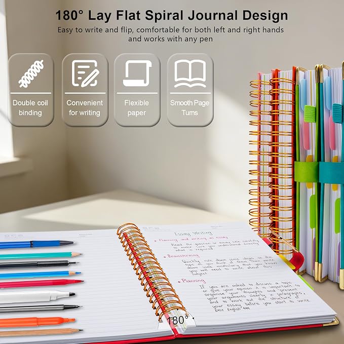 Hardcover Spiral Notebook College Ruled, 8"x10" Leather Journal Notebook with Magnetic Closure, 300 Pages 5 Subject Notebook with Dividers Tabs Journal for Women Men, Work, School(Red)