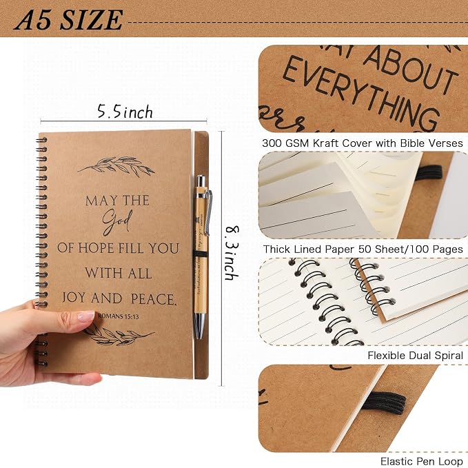 Kosiz 100 Pcs/ 50 Set Christian Gift Bulk A5 Spiral Notebook 5.5"x8.3" Christian Prayer Journal Bible Ballpoint Pen Religious Gift for Women Sunday School Church Member Back to School Gifts (Brown)