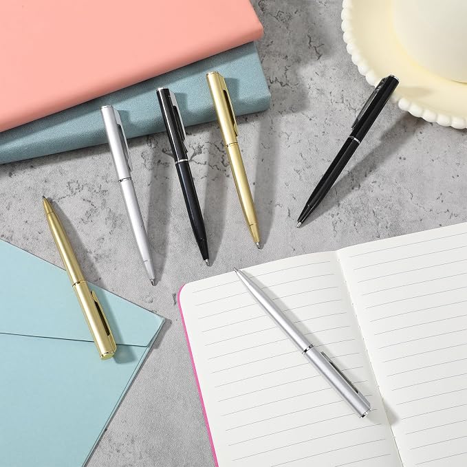 150Pcs Slim Ballpoint Pens, 4 Inch Retractable Black Ink Ballpoint, Medium Point, Bulk Metal Pen Set, Gold & Silver & Black Options, Wedding Favors, Office, Business, Teachers