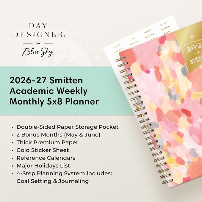 Blue Sky 2026-2027 Weekly & Monthly Academic Planner, 5"x8", Smitten | July 2026 - June 2027, Flexible Cover, Wirebound, Storage Pocket, Stickers, Academic Year, Day Designer
