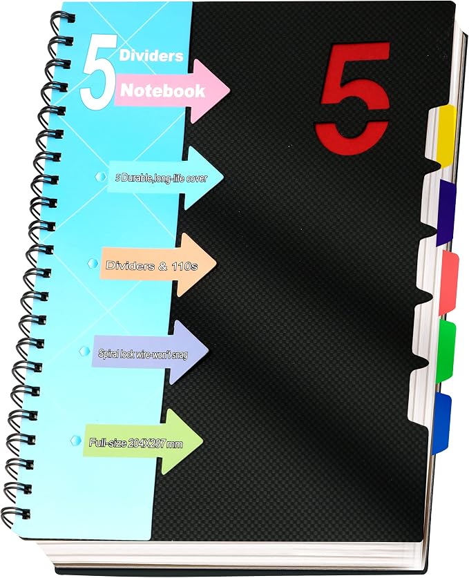 CAGIE 5 Subject Notebook 8.5 x 11, A4 Spiral Notebooks with Dividers Tabs | College Ruled 240 Pages Spiral Notebook for Note Taking, School, Work, Black