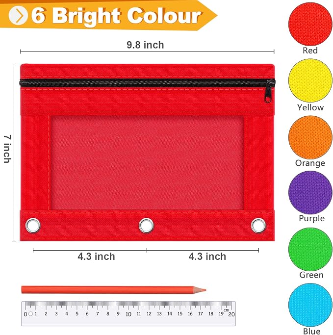 Pencil Pouch for 3 Ring Binder, 48 Pack Bulk Zipper Pencil Cases with Clear Window, Assorted Color Cloth Binder Pouches with 3 Holes, Durable Pencil Bags for Classroom School Office Supplies