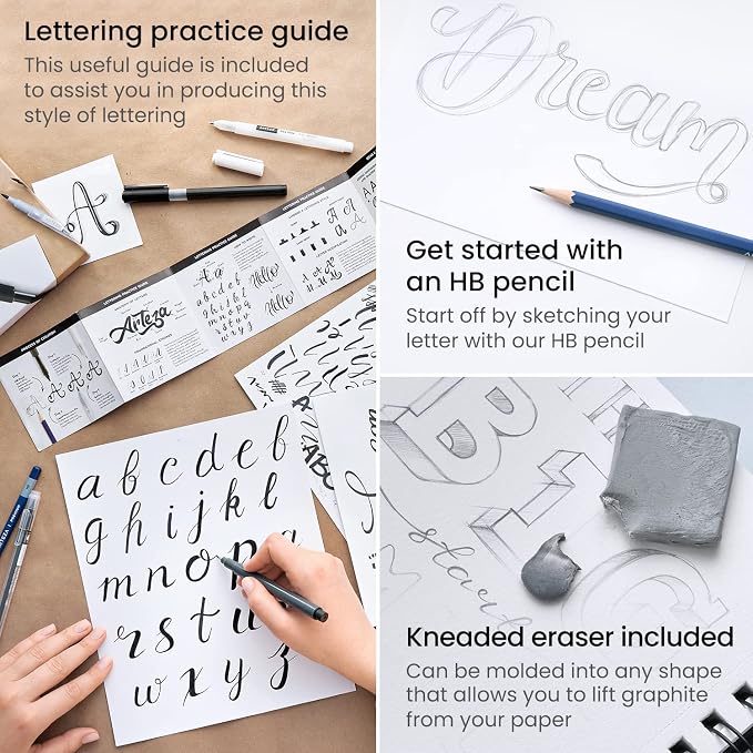 ARTEZA Hand Lettering Pens Set of 12 – Calligraphy and Brush Pens with Guidebook, Pencil, Eraser for Beginners Learning Hand Lettering and Decorative Writing