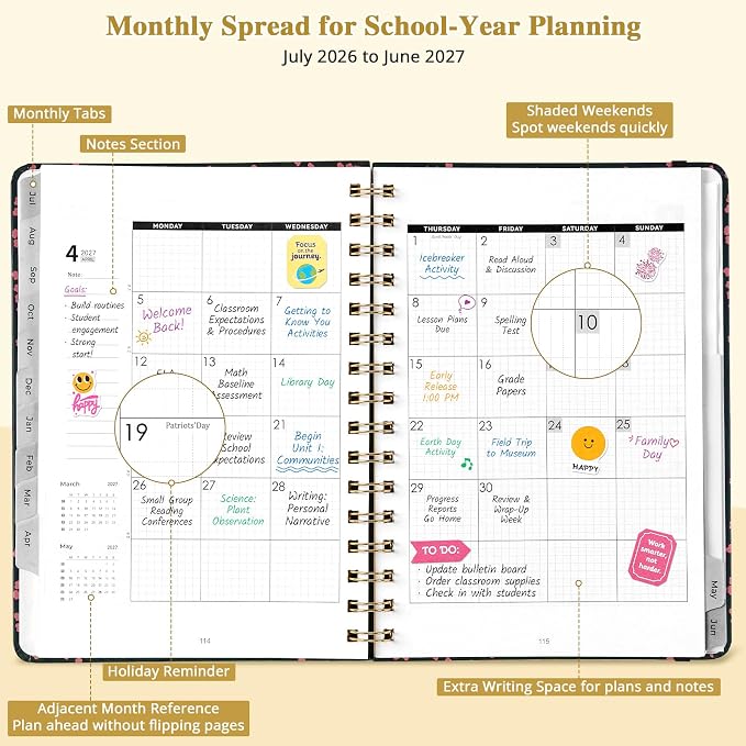 JoyCat Academic Planner 2026-2027, A5 Weekly & Monthly, Midnight Garden | July 2026-June 2027 A5 planner combines weekly and monthly layouts, tabs, grid notes and sticker sheets.