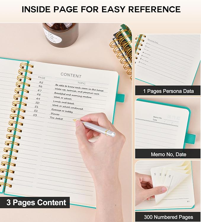 PERCUN Spiral Notebook 300 Numbered Lined Pages Hardcover Journal 5.9"x8.5" | College Ruled Spiral Bound Notebook with Tabs, A5 Leather Journal for Women Men, Work, School, Travel, Writing & Note Taking
