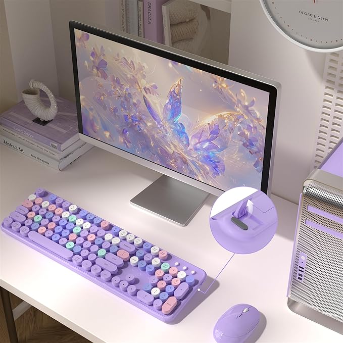 MPTOG Colorful Wireless Computer Keyboard and Mouse Combo (Purple-Colorful) | Retro Round Typewriter Keycaps, Power Switch, Ergonomic Design, 2.4GHz Wireless for Windows, Mac, PC