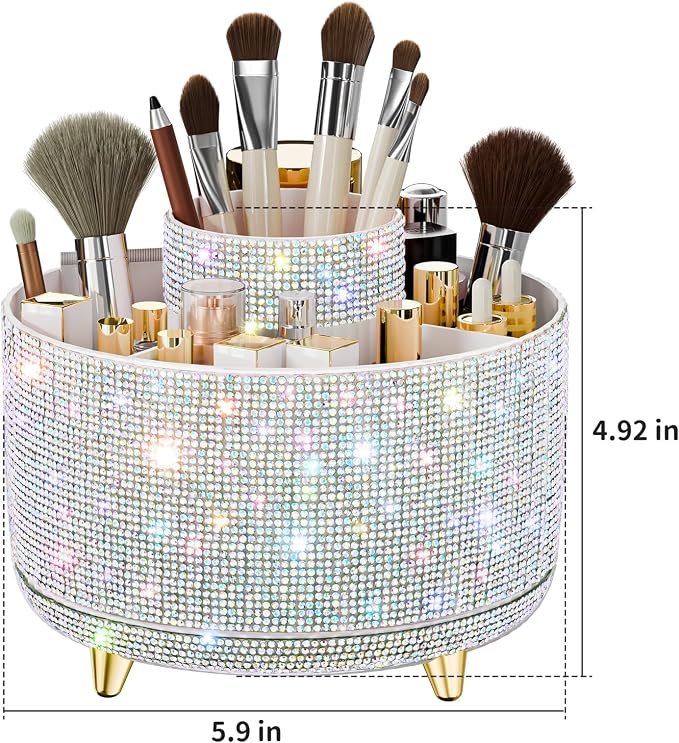 fanado Bling Diamond Makeup Brush Holder, 360° Rotating Makeup Organizer, 5 Slot Make up Brushes Cup for Countertop, Storage for Cosmetics Pen Eyeliner Skincare on the Vanity ((Diamond white AB)