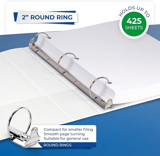 Samsill 2 Inch 3 Ring Binders, Economy Round Ring, Clear View Cover, 425 Sheet Capacity - for School, Home, Office - White, 6 Pack